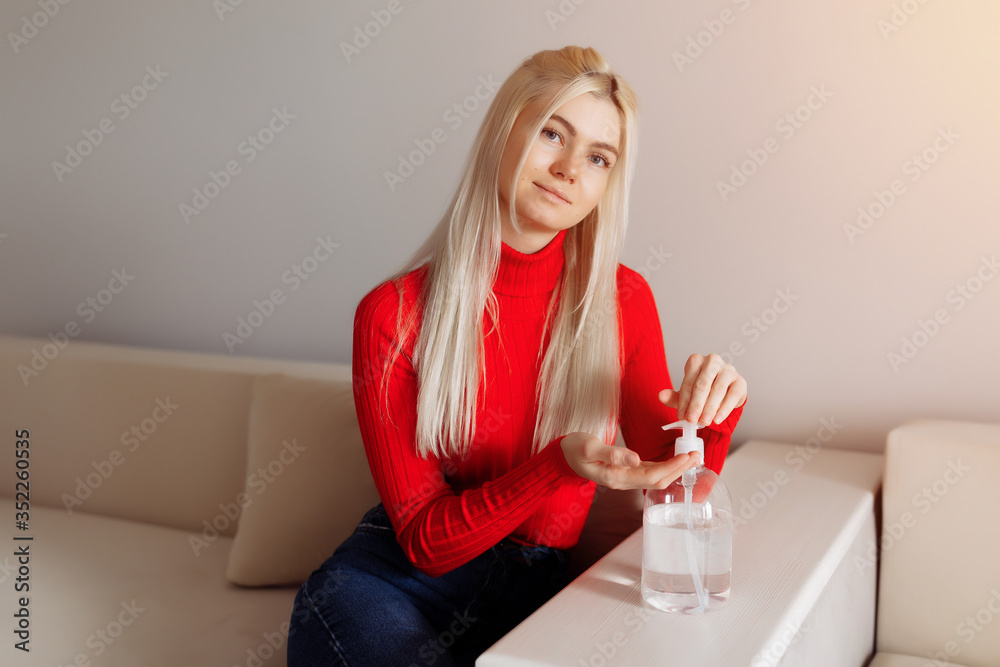 Blonde women washing hands with alcohol gel or antibacterial soap sanitizer after using a public restroom.Hygiene concept. Prevent the spread of germs and bacteria and avoid infections corona virus. Blonde women washing hands with alcohol gel or antibacterial soap sanitizer after using a public restroom.Hygiene concept. Prevent the spread of germs and bacteria and avoid infections corona virus.