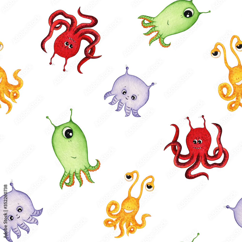Hand drawn watercolor seamless pattern with cute monsters. Cartoon fantasy characters isolated on white background. Hand drawn watercolor seamless pattern with cute monsters. Cartoon fantasy characters isolated on white background.