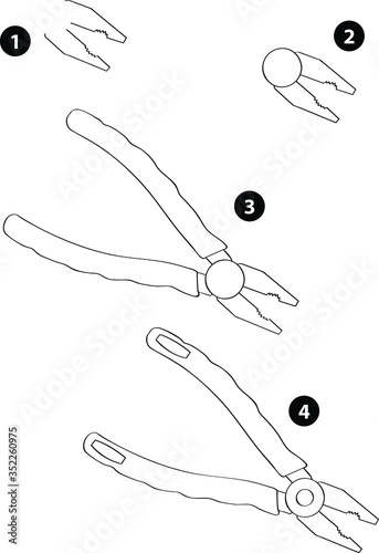 Step by step drawing learning techniques, objects set workbook for kids isolated background. Vector illustration nippers
