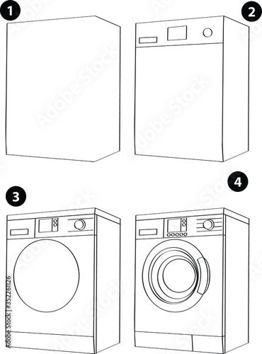 Step by step drawing learning techniques, objects set workbook for kids isolated background. Vector illustration washer