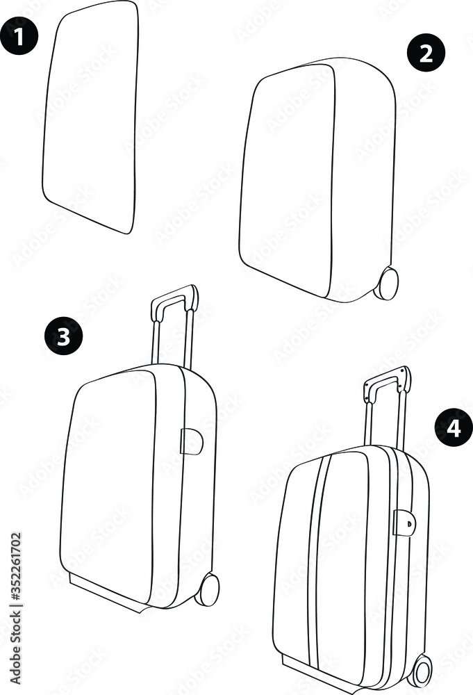 Step by step drawing learning techniques, objects set workbook for kids isolated background. Vector illustration suitcase Step by step drawing learning techniques, objects set workbook for kids isolated background. Vector illustration suitcase