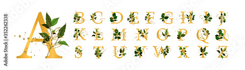 Gold floral alphabet font uppercase letters with flowers leaves and gold splatters for wedding invite card and logo. Vector illustration for greeting card template design