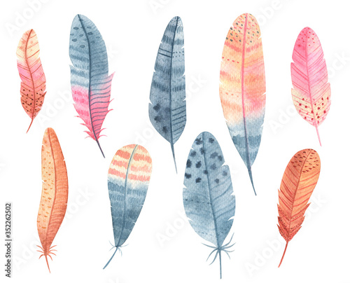 Watercolor boho feathers isolated on white background. Hand painted vintage feathers set perfect for wedding invitation, cards, birthday design.  © Tanya Trink