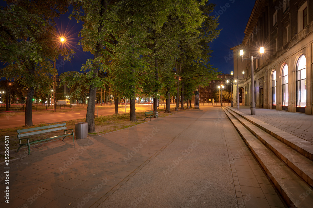 Krakow. Historical Communist architecture district of Nowa Huta by night Krakow. Historical Communist architecture district of Nowa Huta by night