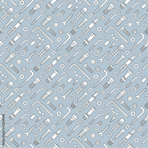 Seamless pattern of fasteners. Bolts, screws, nuts, dowels and rivets in doodle style. Hand drawn building material. Vector illustration on gray background