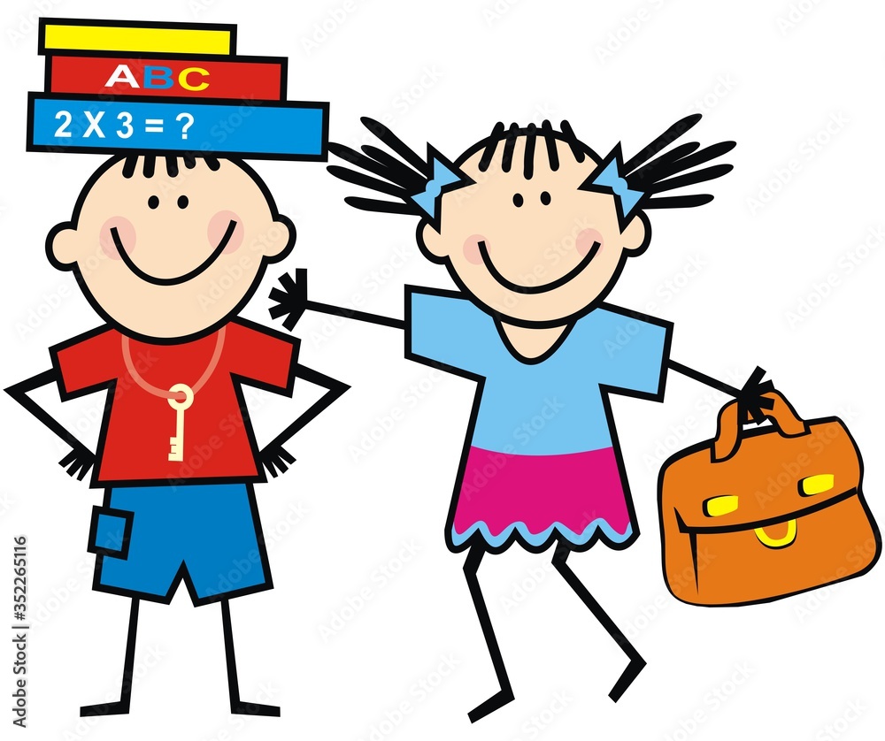 Fototapeta School children, boy with books and girl with satchel, funny vector illustration
