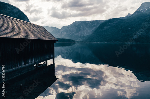 Canvastavla Wooden boathouse at the lakeshore of Lake Hallstatt, Salzkammergut region, OÖ, A