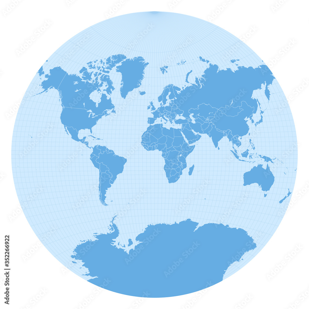World map in Sphere Van der Grinten I projection (EPSG:53029). Detailed vector Earth map with countries’ borders and 5-degree grid.