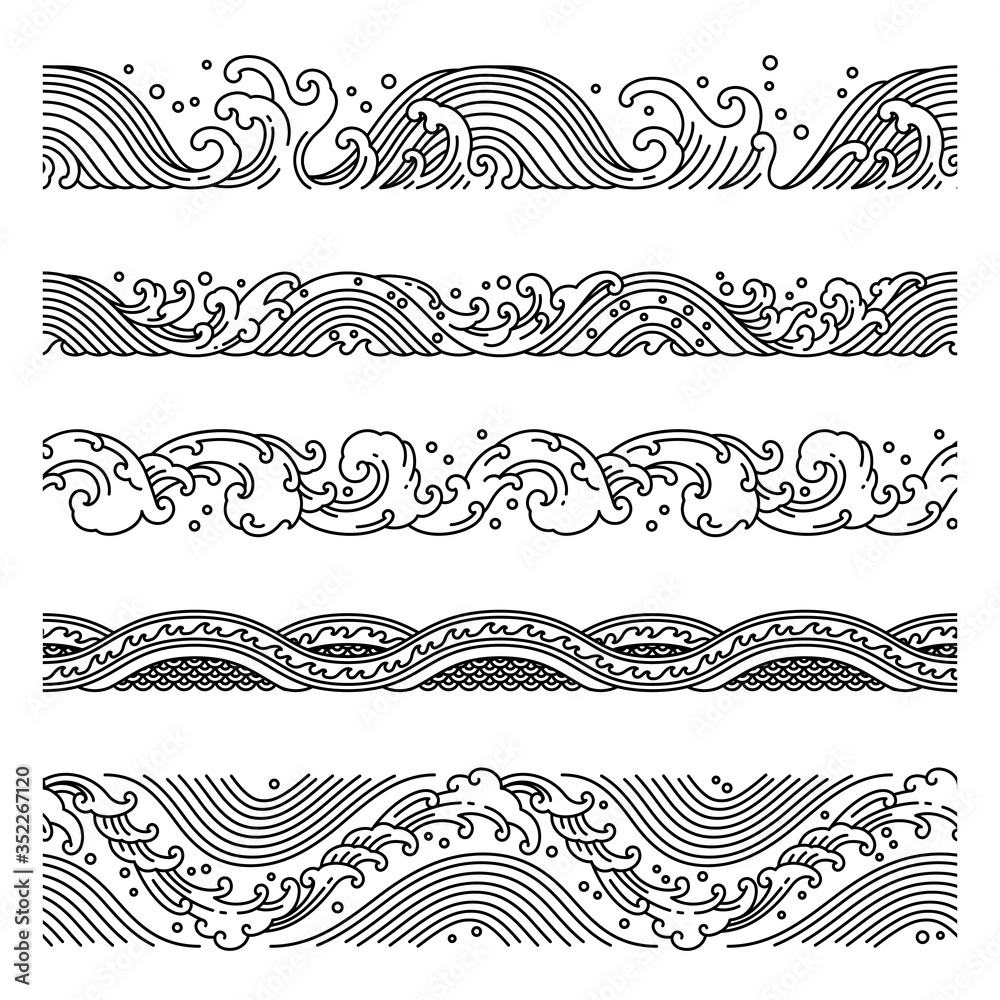 Fototapeta premium Water wave line art seamless patterns vector. Border frame endless isolated collection for decoration.