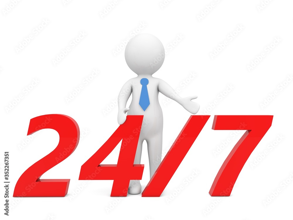 Businessman points to the inscription 24/7 on a white background. 3d render illustration. Businessman points to the inscription 24/7 on a white background. 3d render illustration.