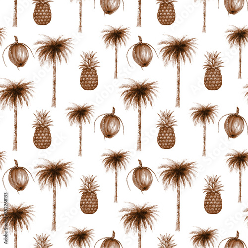 pattern of watercolor monochrome illustrations tropical fruits pineapple, coconut and palm tree on a white background