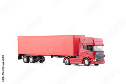 Red long truck with a trailer isolated on white background with clipping path