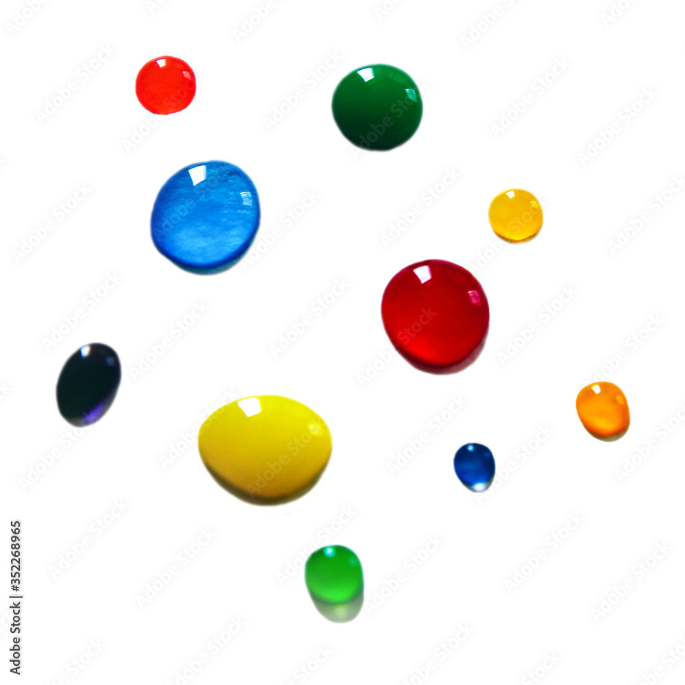 Coloured drops of water on white background