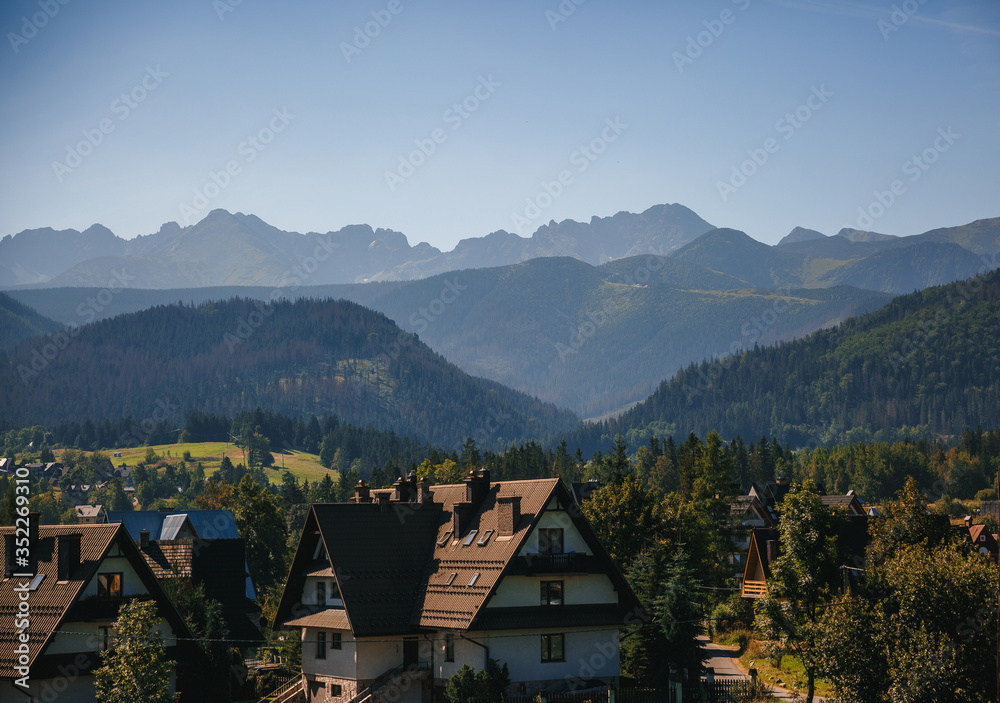 
landscape nature view background. View of the mountains and houses. Poland, Tatras
