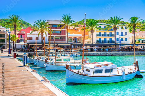 Boats at pier of beautiful town of Port de Andratx on Majorca island, Spain Mediterranean Sea.  photo