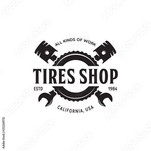Vintage monochrome car repair service template, emblem, label, badge, logo. Service station auto parts tires shop mechanic on duty.