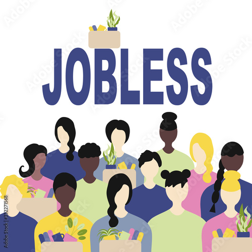 Unemployment, the lost job concept vector. White and Afro American people with  possessions in hand, the inscription is jobless