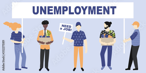 Unemployment, the lost job concept vector. White and Afro American people with possessions in hand  and holding message boards - need a job and Unemployment.  Drawn by the people at the meeting