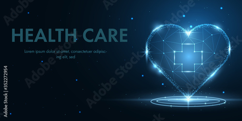 Abstract technology and health care background with glowing low poly heart, cross sign, shiny tiny particles and sparkle effect.