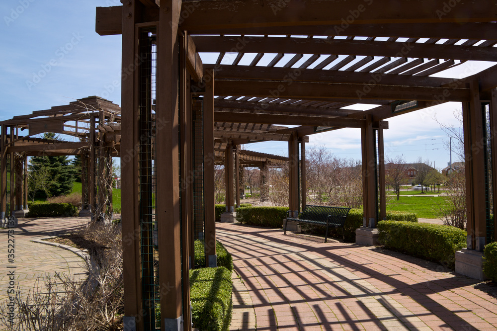 The wooden canopy made of beams - pergola in the patio of the public park in Richmond Hill, Ontario, Canada.