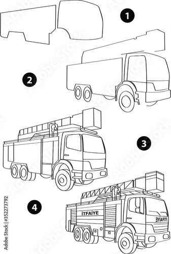 Step by step drawing learning techniques, transportation tools set workbook for kids isolated background. Vector illustration firetruck