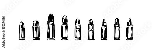 Papier peint Hand drawn live ammunition set, ink drawing sketch weapon bullets vector, black