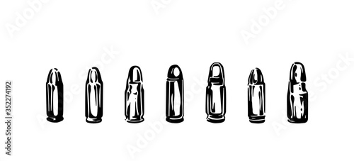 Hand drawn cartridge set, ink drawing sketch weapon bullets vector, black isolated live ammunition illustration on white background