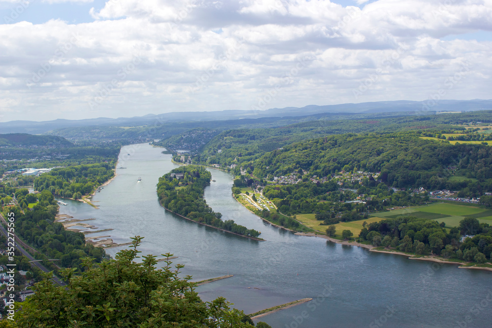 view to river Rhine from the famous mountain Drachenfels in Koenigswinter