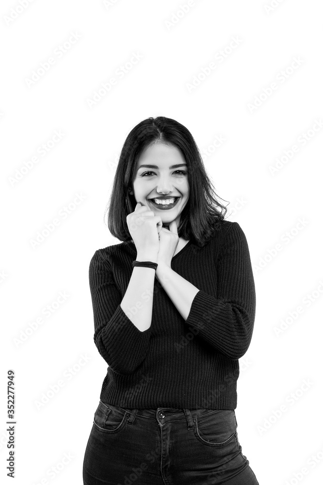 Black and white beautiful smiling woman portrait isolated on white background. Pretty woman looking at camera. Black and white beautiful smiling woman portrait isolated on white background. Pretty woman looking at camera.