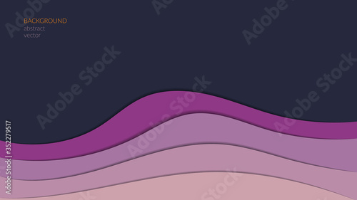Vector abstract background, on a dark background waved lines, layering on each other, in the style of paper art. Banner, design of social networks, web sites. Copyspace.