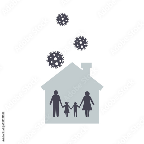 Quarantine concept. Family at home as a symbol of protection against coronavirus. Protecting coronavirus covid-19. Danger outside the home. Vector illustration flat design.