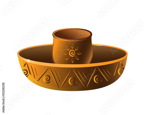 Candlestick is a pottery folk product. Candlestick with a pattern in the form of the sun - vector full color picture. Traditional eco-friendly clay utensils - candlestick.