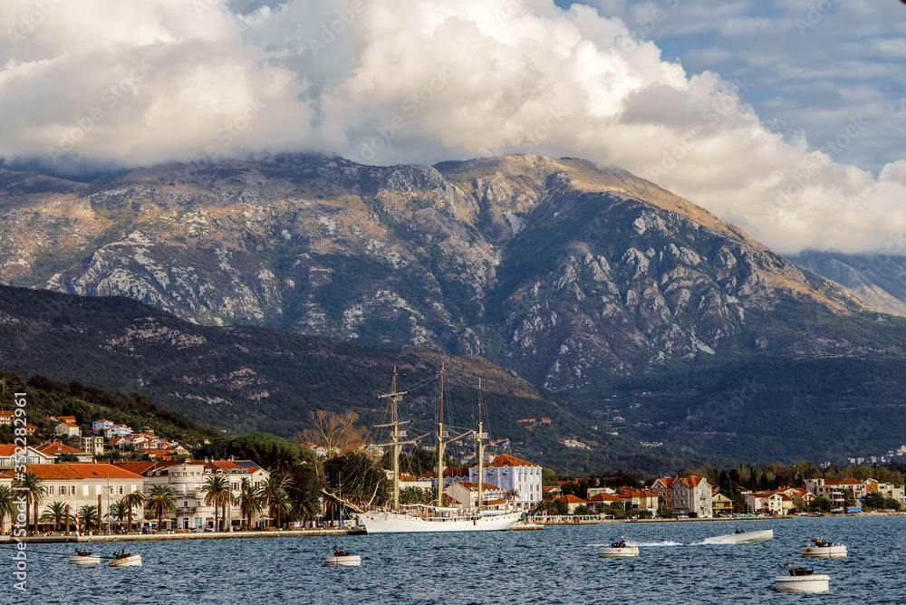 Sea buildings mountains boat Dobrota Montenegro trip  travel summer spring nature journey
