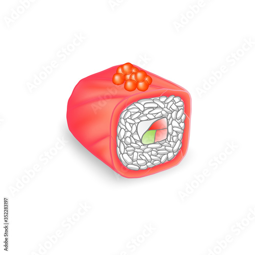 isolated japanese wrapped salmon wrapped sushi with rice vegetable filling and red caviar