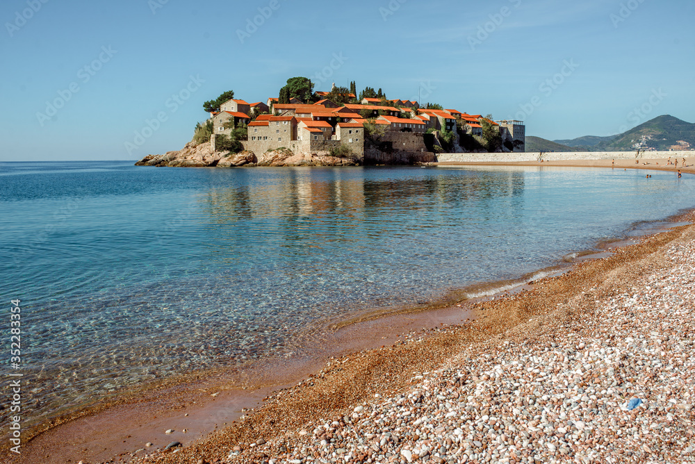 Fototapeta premium Isle Sveti Stefan Montenegro sea beach recreation trip travel spring summer nature village