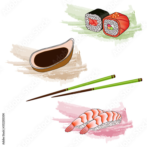 japanese shrimp sushi, rolls with red caviar and salmon on a watercolor backing with chopsticks