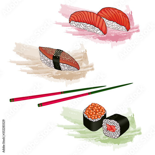 japanese sushi with eel and salmon, rolls with red caviar on a watercolor backing with chopsticks