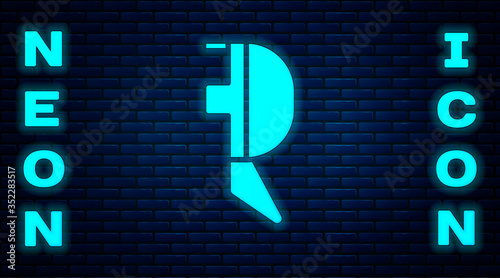 Glowing neon Fencing helmet mask icon isolated on brick wall background. Traditional sport defense. Vector