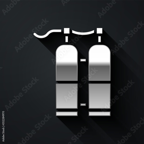 Silver Aqualung icon isolated on black background. Oxygen tank for diver. Diving equipment. Extreme sport. Sport equipment. Long shadow style. Vector