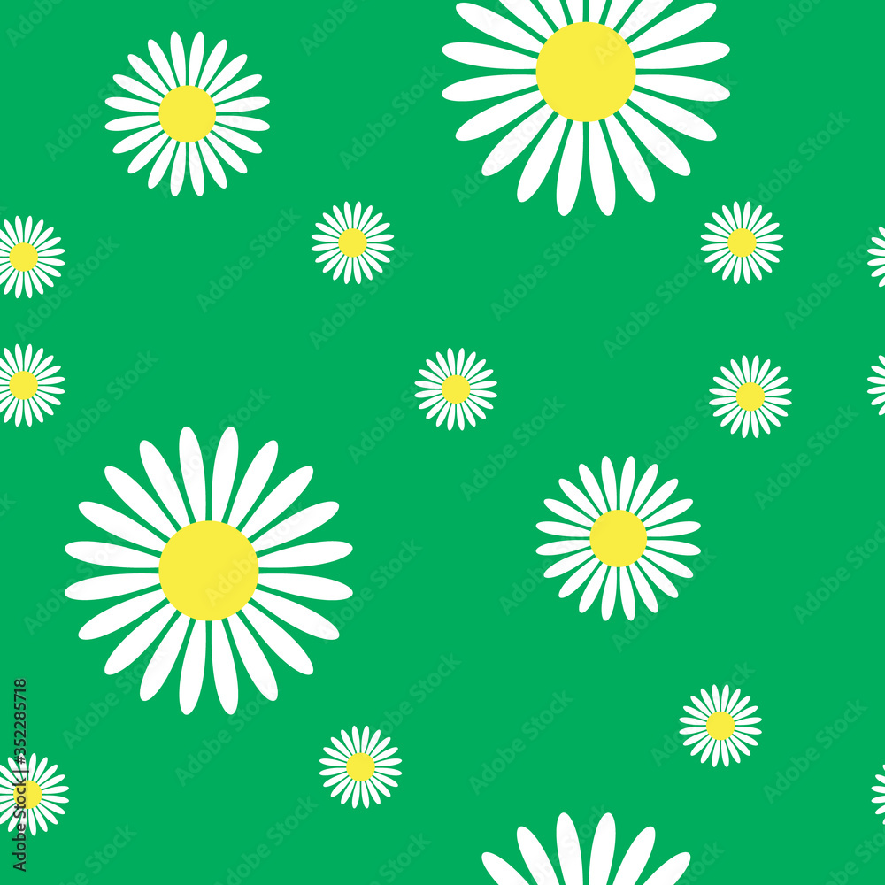 Obraz premium Seamless white chamomiles on a green background. Vector drawing for printing on fabric and paper. Basic design for packaging, postcards and flyers.