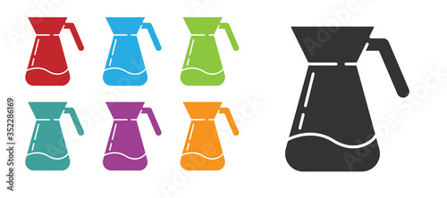 Black Jug glass with water icon isolated on white background. Kettle for water. Glass decanter with drinking water. Set icons colorful. Vector