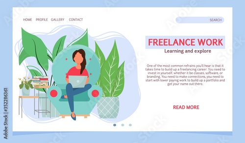Work at home, freelance stock vector illustration landing page, web template. Woman sitting in armchair and working on laptop. Comfortable conditions for job.