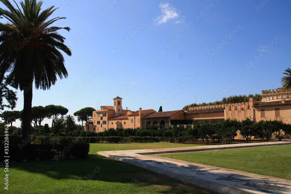 View with Italian town. roman landscape with palms