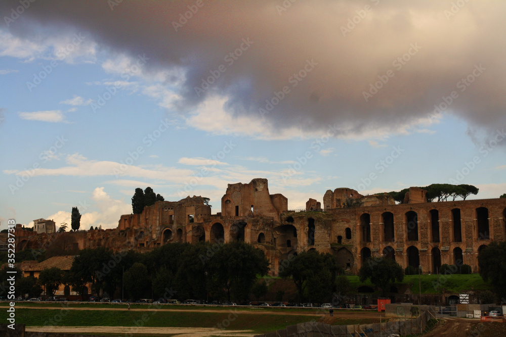 roman forum in rome italy. Ruins of Temple of Apollo Palatinus and Circus Maximus