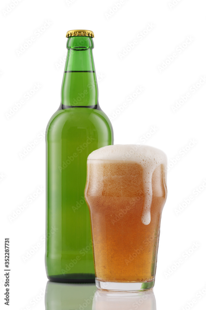 Glass and bottle of beer isolated on white Glass and bottle of beer isolated on white