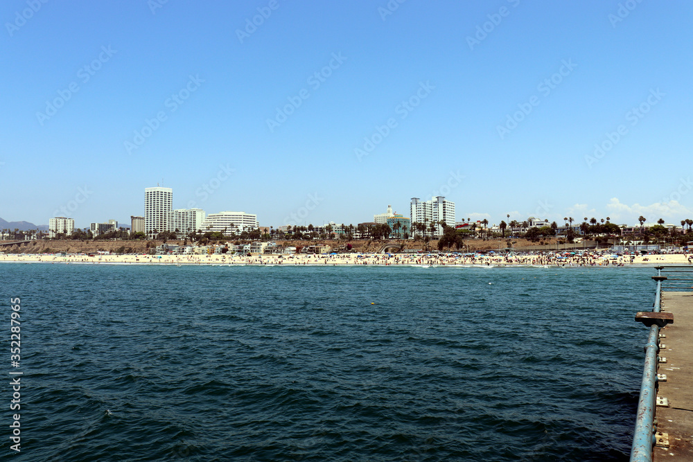 Santa Monica beach in California USA on blue Pacific Ocean