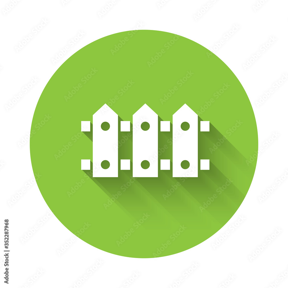 White Garden fence wooden icon isolated with long shadow. Green circle button. Vector White Garden fence wooden icon isolated with long shadow. Green circle button. Vector
