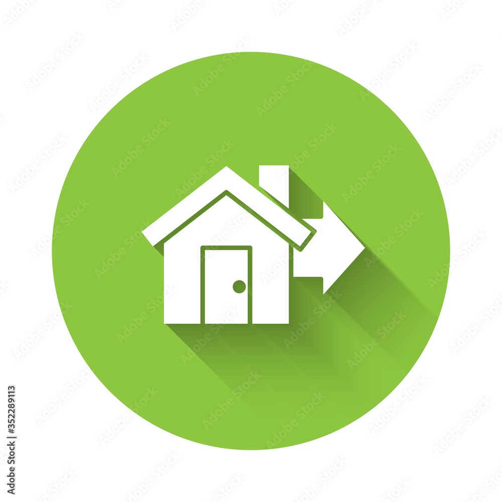 White Sale house icon isolated with long shadow. Buy house concept. Home loan concept, rent, buying a property. Green circle button. Vector White Sale house icon isolated with long shadow. Buy house concept. Home loan concept, rent, buying a property. Green circle button. Vector