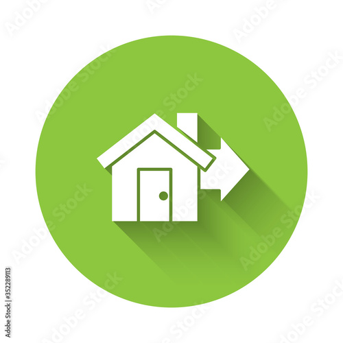 White Sale house icon isolated with long shadow. Buy house concept. Home loan concept, rent, buying a property. Green circle button. Vector