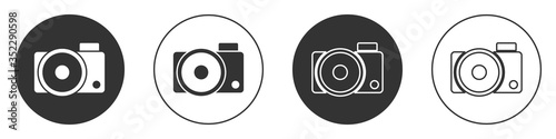 Black Photo camera icon isolated on white background. Foto camera icon. Circle button. Vector